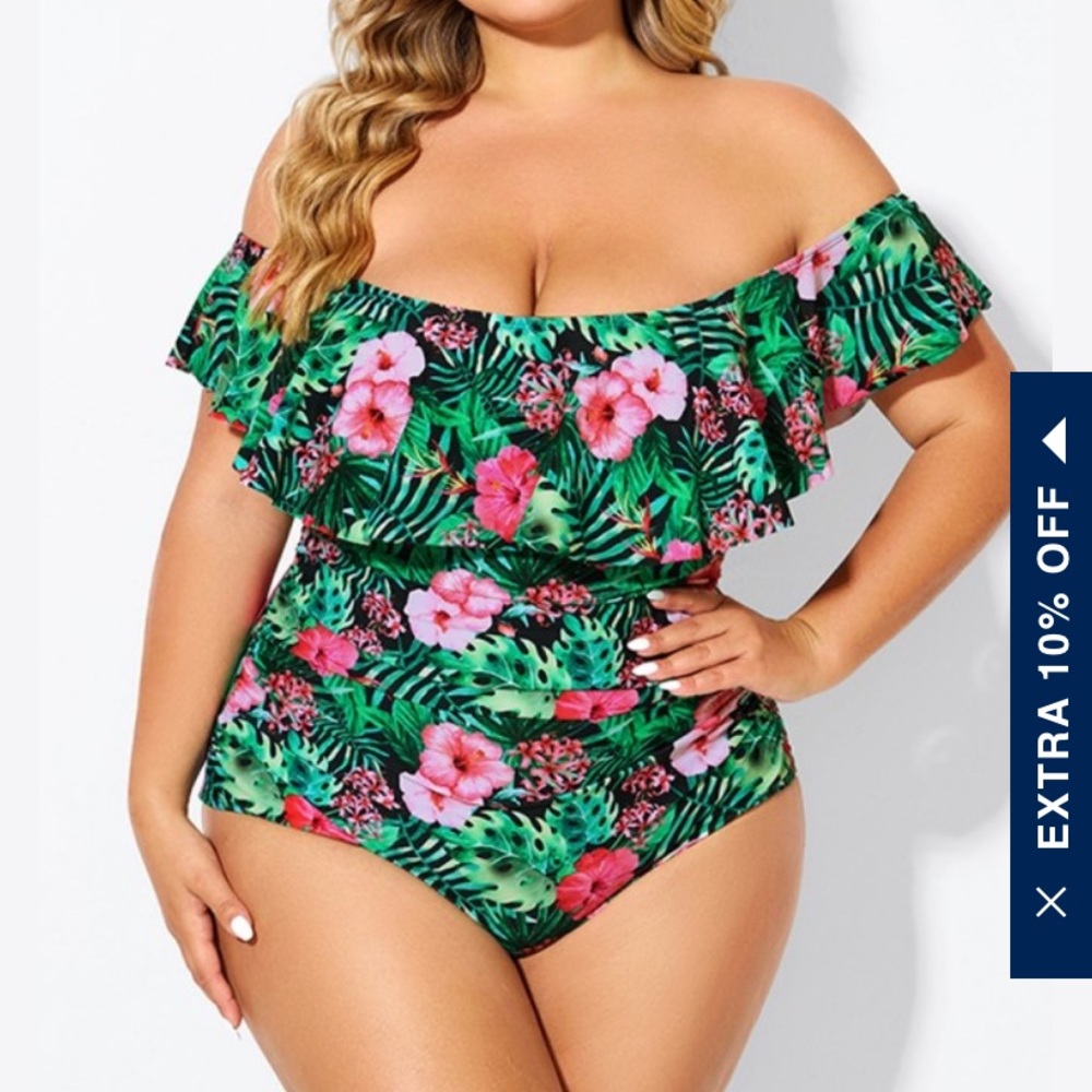 One piece off shoulder tropical swimsuit size 3x